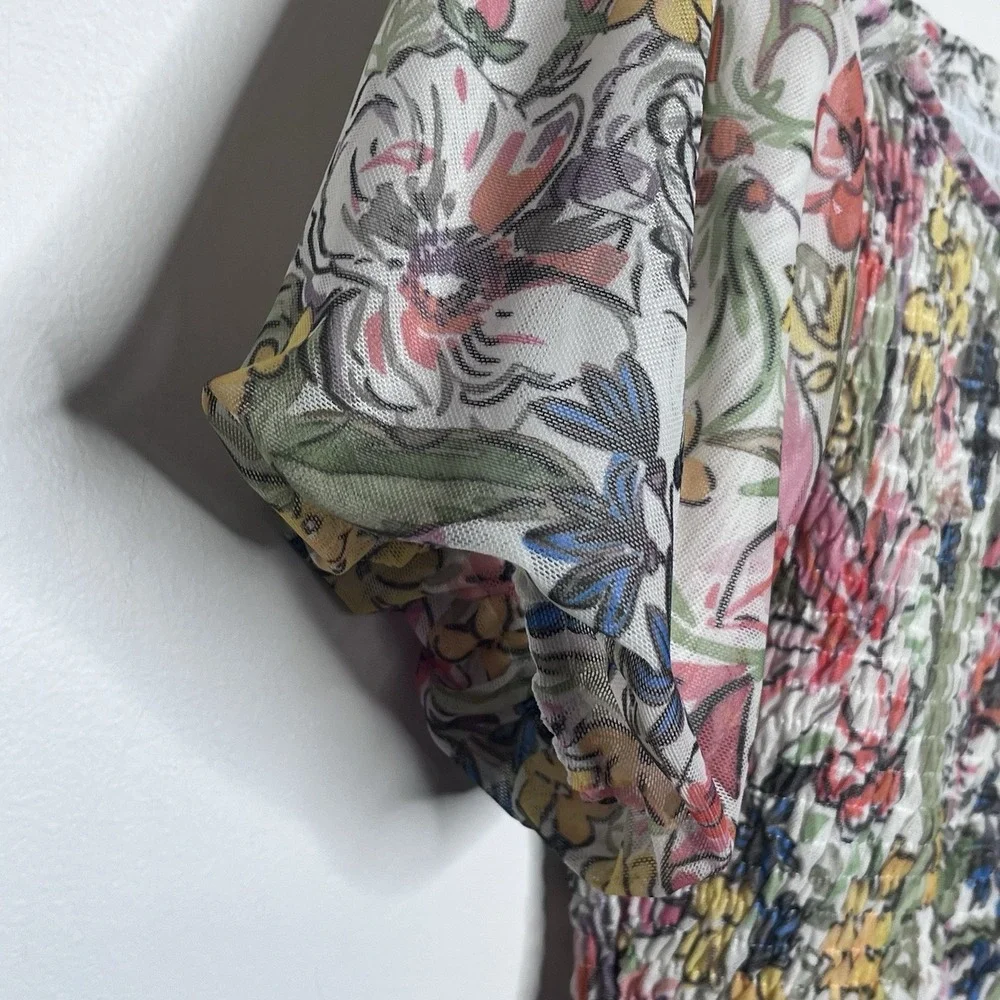 Anthropologie Smocked Mesh Floral Top Womens Small Cottage Spring Short Sleeve